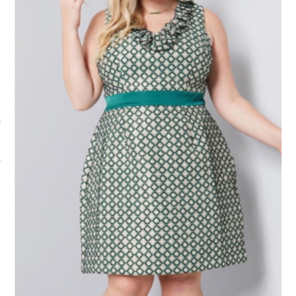 ModCloth Green and Cream Ruffled V-Neck Midi Dress with Satin Sash